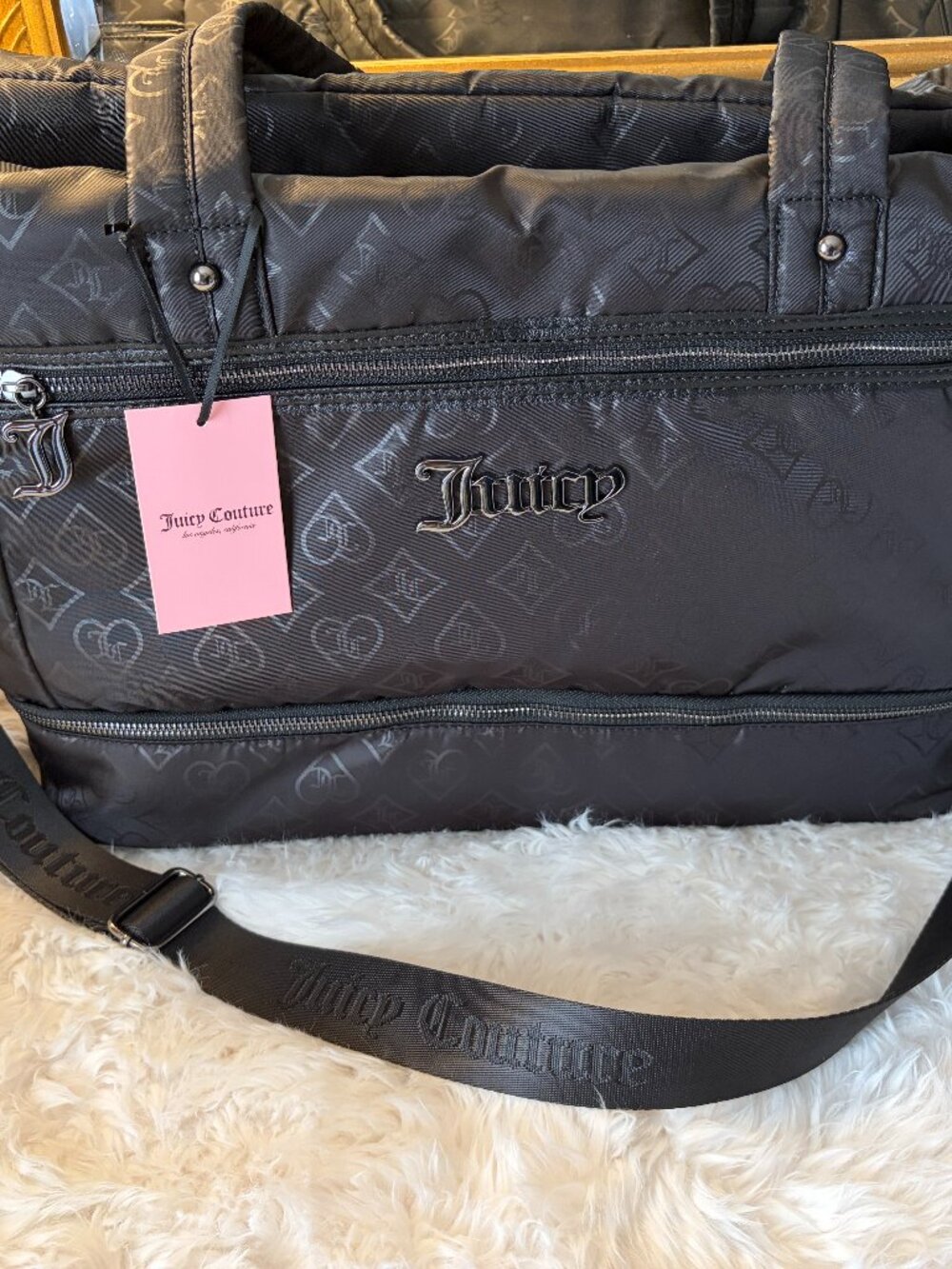 Juicy Couture Fashionista Weekender Duffel Bag Black Monogram Travel Tote NWT